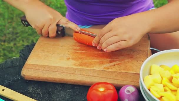 Las manos femeninas cortan una zanahoria en una tabla de madera con un cuchillo . — Vídeo de stock