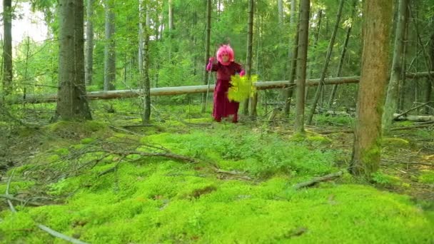 Eine junge Hexe im Wald tanzt mit Farnzweigen und Stab. — Stockvideo