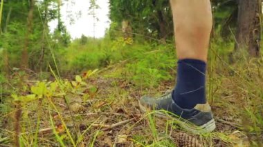 spor ayakkabı ormandaki adam bacaklarda dalları üzerinde yere adım..
