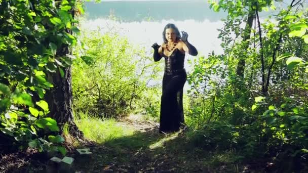 湖の岸に黒い服を着た恐ろしい魔女。ハロウィーン。重商主義スタイル. — ストック動画