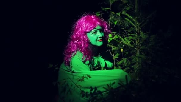 La sorcière verte regarde en arrière dans les buissons dans les bois la nuit . — Video