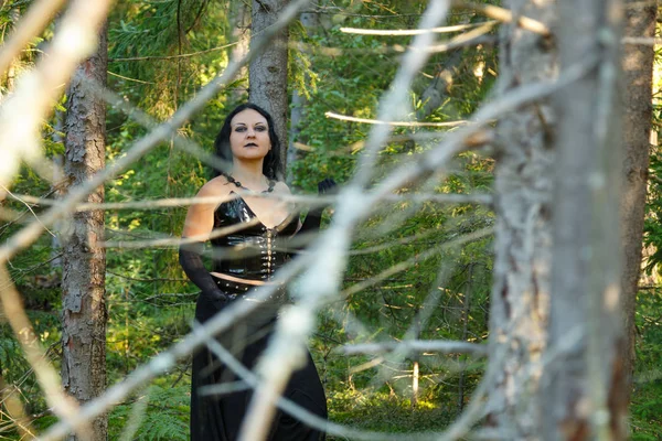 Woman Witch Black Stands Dense Forest Thickets Halloween Horizontal Photo — Stock Photo, Image