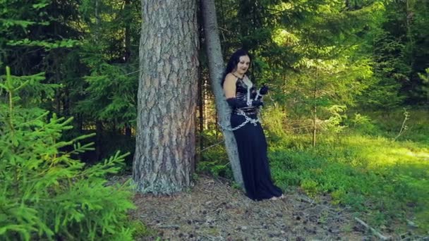 Una mujer de bruja vestida de negro en un bosque está atada con cadenas a un árbol. Halloween. Estilo Gothick . — Vídeos de Stock