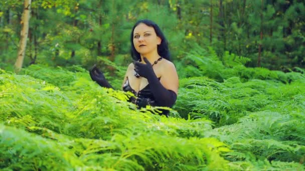 Uma jovem bruxa de roupas pretas esconde-se num matagal de samambaia. Dia das Bruxas. Estilo Gothick . — Vídeo de Stock