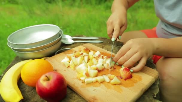 Kvinnliga Händer Skär Bitar Persika Träskiva För Sallad Picknick — Stockvideo