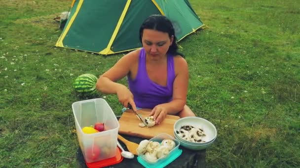 在帐篷附近的森林空地上的一个女人把蘑菇蘑菇放在树桩上当作桌子 — 图库视频影像