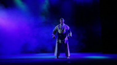 Bir erkek karate renkli duman bir arka plan üzerinde çalışmaktadır