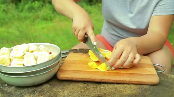 As mãos femininas cortam umas partes de laranja de fruto frescas em uma tábua de madeira de uma salada em um piquenique — Vídeo de Stock