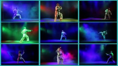 Karate teknikleri renkli bir arka plan üzerinde oluşan bir kolaj. Yapı 9 videoları