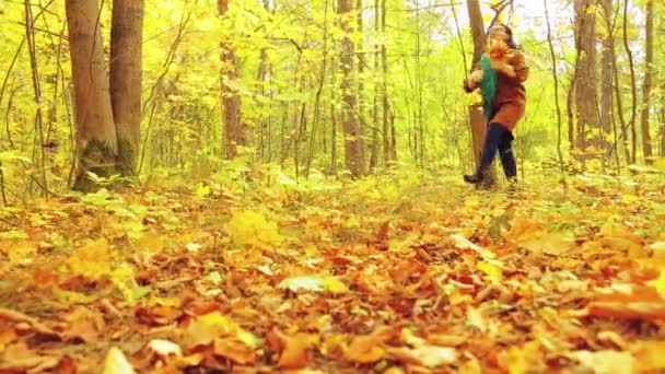 Uma jovem mulher em um dia ensolarado em um parque de outono com folhas de bordo em suas mãos gira e joga folhas em vzduh — Vídeo de Stock