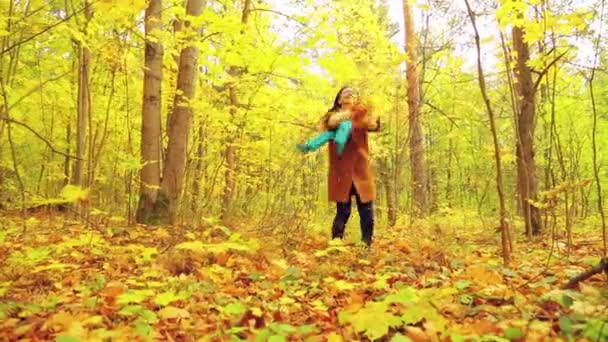 Una joven en un día soleado en un parque de otoño con hojas de arce en sus manos gira y lanza hojas al aire . — Vídeos de Stock