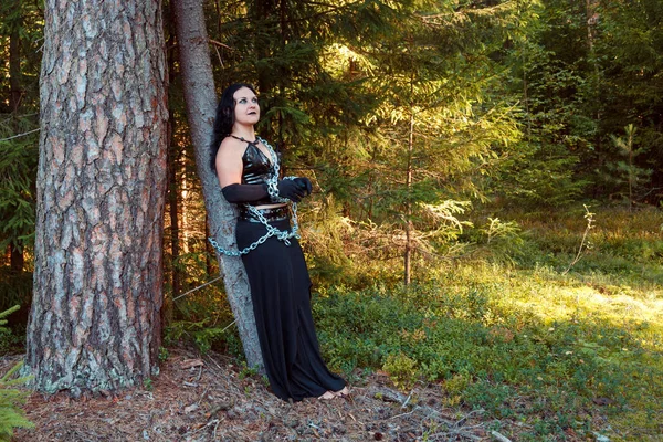 A young witch in black clothes is chained to a tree. Halloween. Horizontal image. — Stock Photo, Image