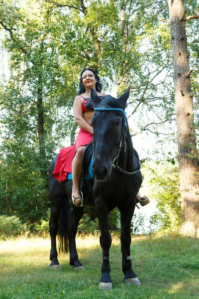 Красивая Брюнетка Красном Костюме Танцовщица Черной Лошади Верхом Общий План — стоковое фото