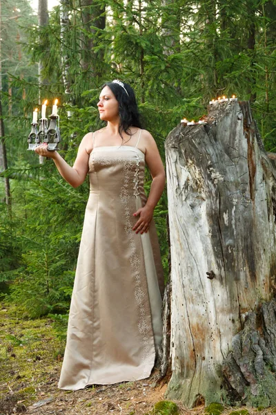 Forest Fairy Light Dress Big Stump Candlestick Candles Overall Plan — Stock Photo, Image