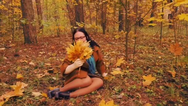 Jeune femme joyeuse à lunettes s'assoit sur l'herbe dans le parc d'automne avec des feuilles d'érable dans leurs mains . — Video