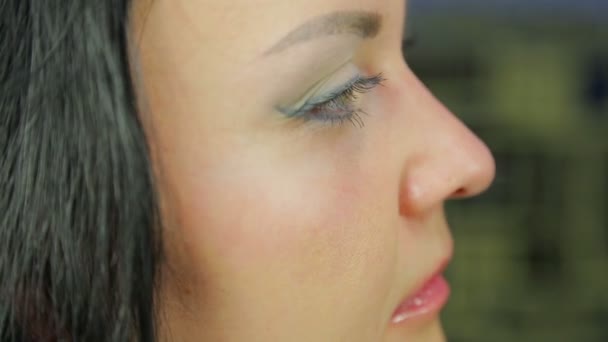 Ženská tvář v době použití make-up. Profil. — Stock video