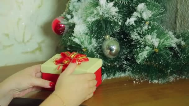 Mani delle donne mettere regali di Natale sotto l'albero di Natale — Video Stock