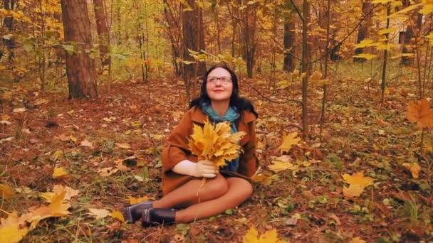 Een jonge vrouw met bril zit op het gras in de herfst park met esdoorn bladeren in haar handen — Stockvideo