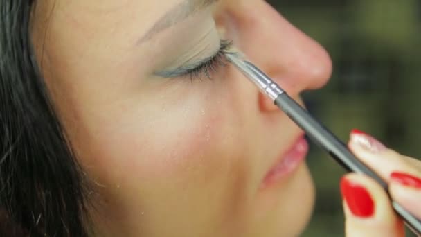 Een jonge vrouw nangosit eye shadows met een borstel. Profiel. — Stockvideo