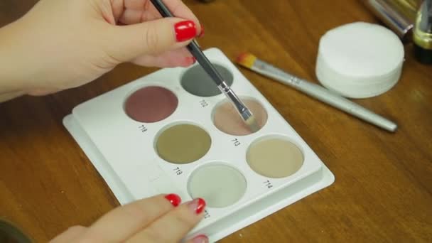 Weibliche Hand nimmt die Schatten aus der Palette auf dem Pinsel auf — Stockvideo