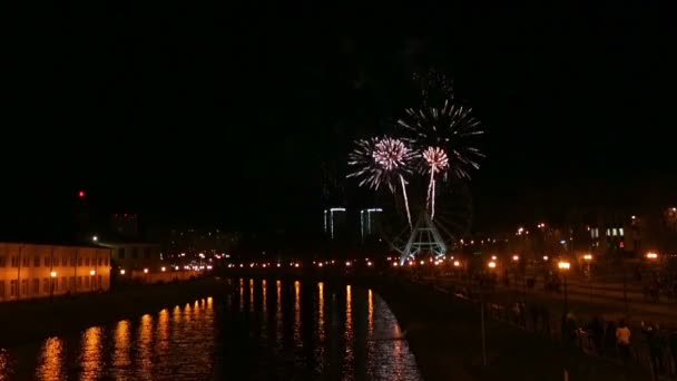 Feux d'artifice dans le ciel nocturne au-dessus de la rivière — Video