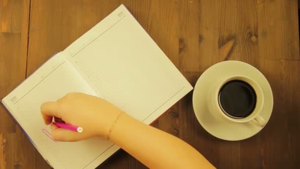 La fille écrit dans le journal le mot amour avec un stylo feutre rose et boit du café. Laps de temps — Video