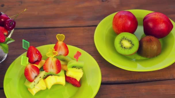 White Plate Lies Dark Wooden Table Strawberry Cherry Close — Stock Video