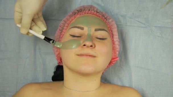 手袋の美容師は、治療粘土マスクを女性の顔をブラシに適用します。時間周 — ストック動画