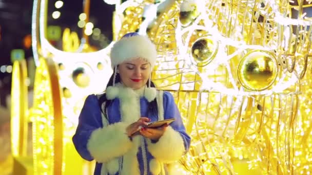 Sonriente doncella de nieve se comunica en el mensajero por el carro brillante — Vídeo de stock