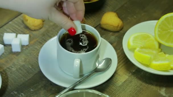 Female hand puts sugar pieces in a cup of freshly brewed black tea — Stock Video