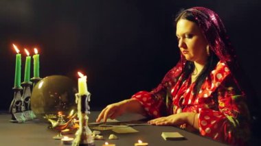 Mum ışığında bir servet salon genç bir çingene kartları masaya kehanet için ortaya konuyor