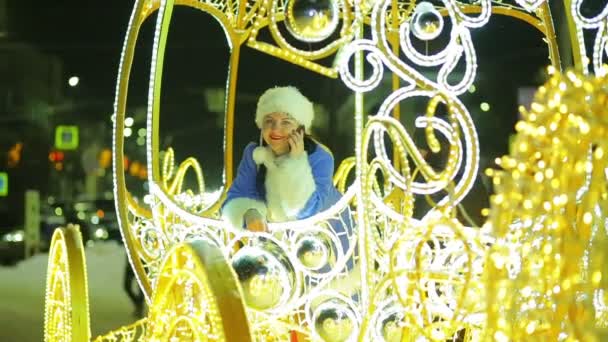 Smiling Snow Maiden Talking Phone Waving Greeting Out Carriage Window — Stock Video