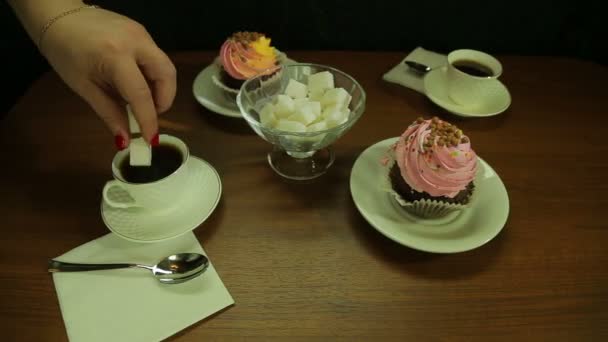 Mão feminina coloca pedaços de açúcar em xícaras brancas de café — Vídeo de Stock