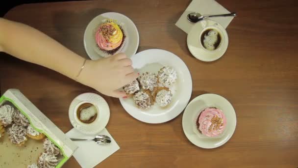 Female Hand Puts White Plate Cakes Coffee View — Stock Video