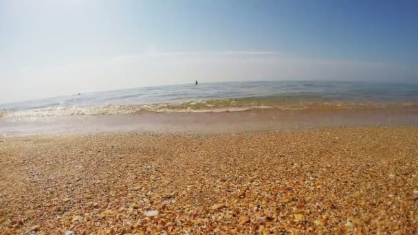 Женские ноги на песчаном пляже, на котором волна смывает следы — стоковое видео