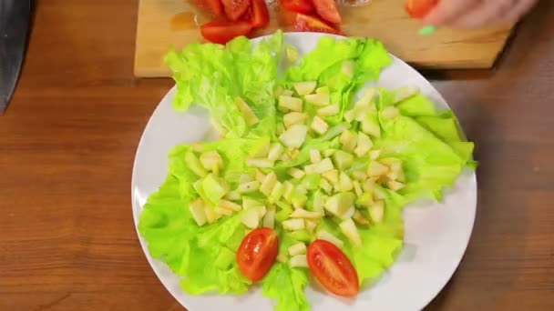 Die Weibliche Hand Legt Kirschtomatenscheiben Einen Teller Mit Salat Zeitrahmen — Stockvideo
