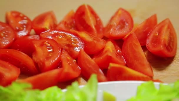 Sliced Fresh Cherry Tomatoes Wooden Board Close — Stock Video