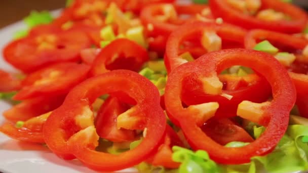 Piring Putih Dengan Salad Hijau Tomat Ceri Dan Lada Merah — Stok Video