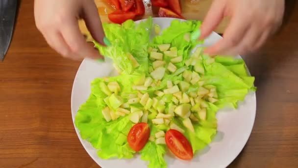 Mão feminina coloca fatias de tomate cereja em um prato com salada . — Vídeo de Stock