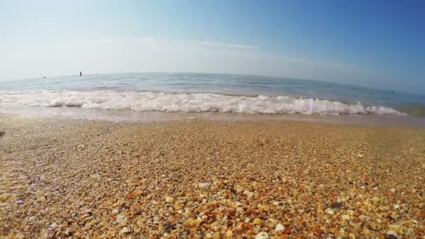 Damskie nogi są na piaszczystej plaży, na którym działa fali — Wideo stockowe