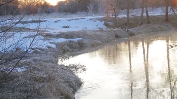 Det snabba flödet vid Sol uppgången av en slingrande flod i början av våren. Dimman stiger från vattnet — Stockvideo