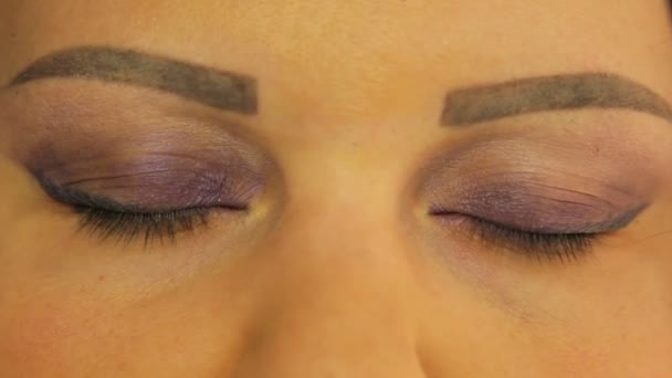 Los ojos femeninos con el maquillaje del color oscuro lila . — Vídeo de stock