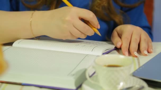 Kobiety ręce w kawiarni przy stole pracy piszą w pamiętniku — Wideo stockowe