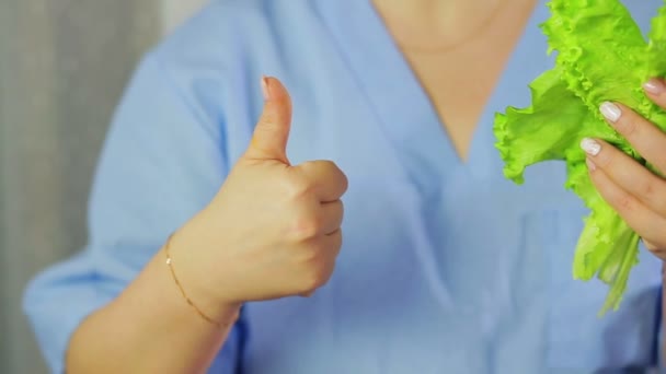 In female hands lettuce leaves. Hand shows class — Stock Video