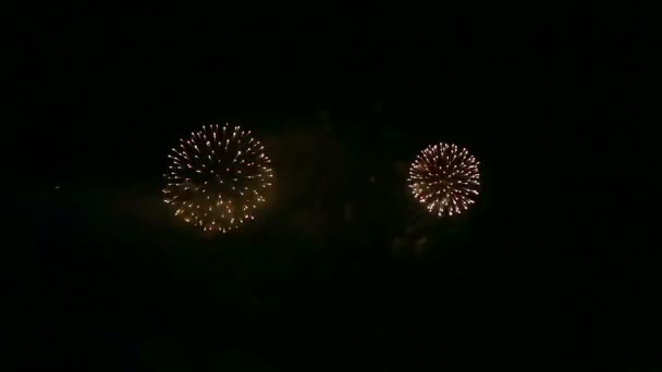 Kleurrijk feestelijk vuurwerk in de donkere nachtelijke hemel. Tijd ronden. — Stockvideo