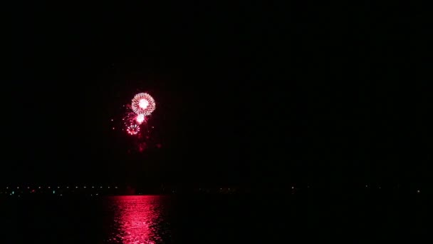 Feux d'artifice multicolores lumineux dans le ciel nocturne au-dessus de la rivière reflétant dans l'eau — Video