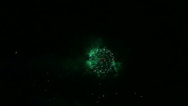 어두운 밤 하늘에 여러 가지 빛깔의 축제 불꽃 놀이. — 비디오