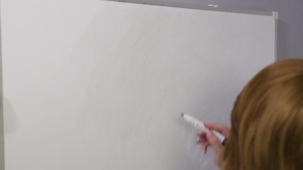 Bir kadın sırtı ile duruyor ve parlak yeşil euro ile beyaz bir tahta üzerinde para işaretleri çizer — Stok video