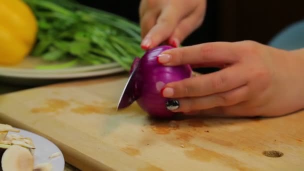 Uma mulher corta uma cebola vermelha com uma faca numa tábua de madeira. voltas temporais — Vídeo de Stock