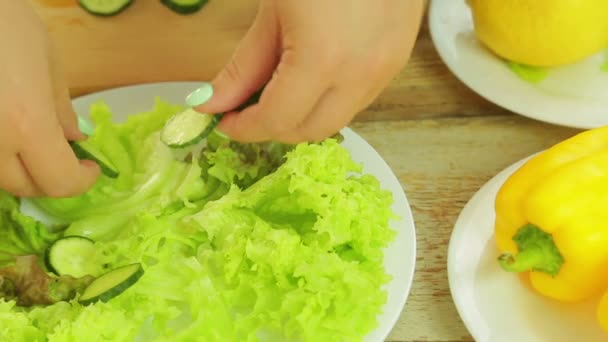 Close-up de mãos femininas preparando salada. Câmera se move para boneca — Vídeo de Stock